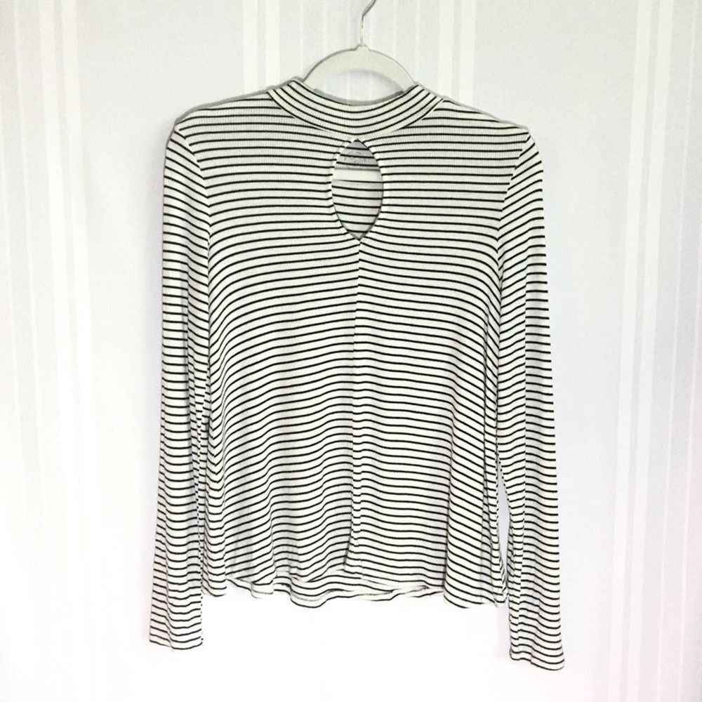 SO Striped Long Sleeve Mock Neck Top White Black Small Keyhole Rayon Junior's